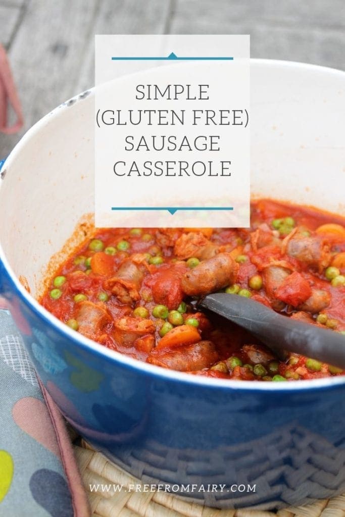 Gluten free sausage casserole. A simple recipe that can be made with gluten or gluten free sausages. Perfect for kids and adults alike. Quick and simple family meal. #familymeal #sausagecasserole #simplesausagecasserole #glutenfreesausagecasserole #sausagecasseroleforkids #midweekmeals #freefromfairy