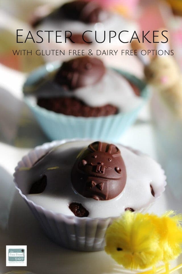 These Easter cupcakes are a chocolate version of traditional simnel cake. Moist, rich chocolate cake baked with marzipan inside. The recipe has options for gluten free and dairy free diets. #glutenfree #dairyfree #easterrecipes #simnelcake #chocolatecake #eastercupcakes #glutenfreeeaster