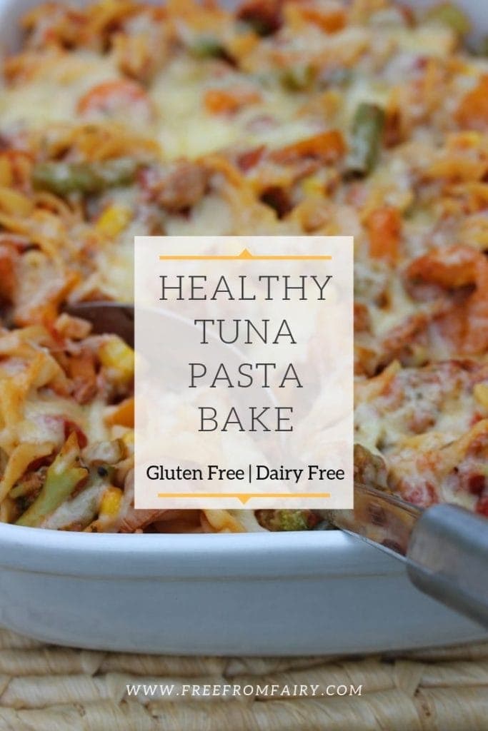 An easy, healthy tuna pasta bake that can be made gluten free, dairy free and low carb. #glutenfree #glutenfreepasta #glutenfreetunapasta #glutenfreemeals #glutenfreedinner #glutenfreekids #freefromfairy