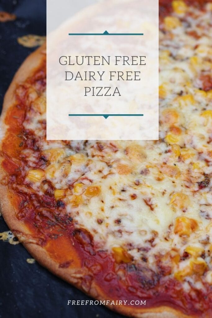 Gluten free dairy free pizza recipe. This pizza is super easy to make, can be topped with dairy free cheese or no cheese. The base is made with no yeast so there is no waiting around! #glutenfreepizza #dairyfreepizza #glutenfreedairyfreepizza #yeastfreepizza #pizzawithoutyeast #freefromfairy #coeliac