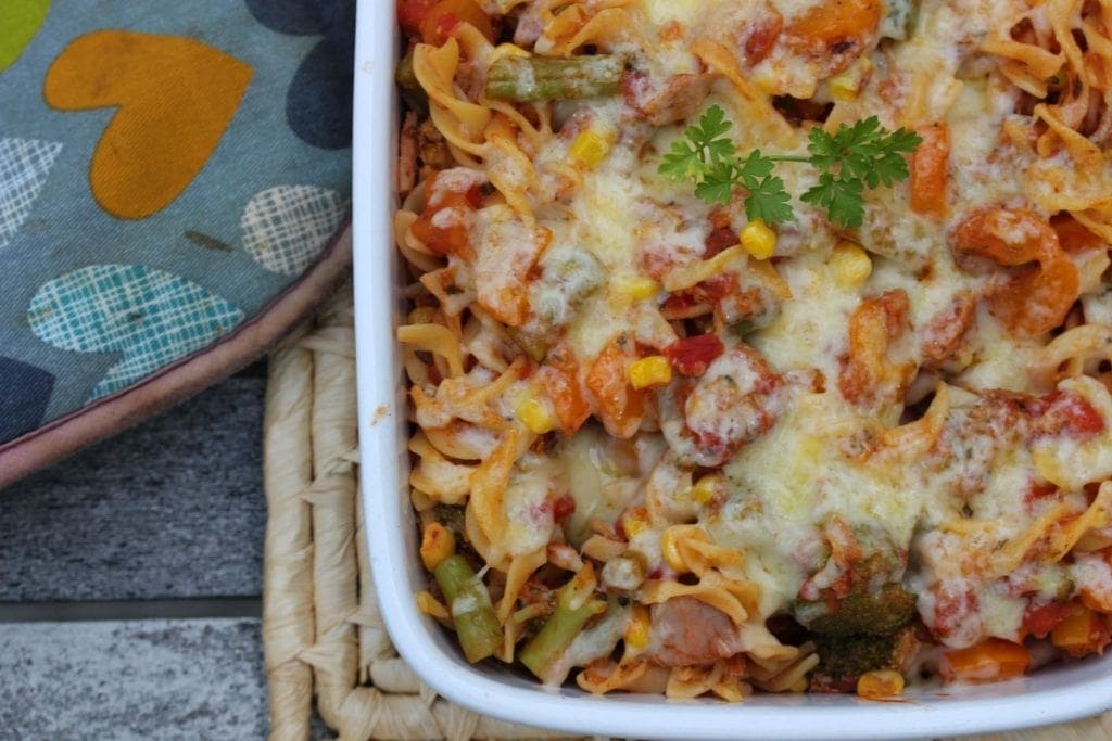 Simple gluten free tuna pasta bake with vegetables