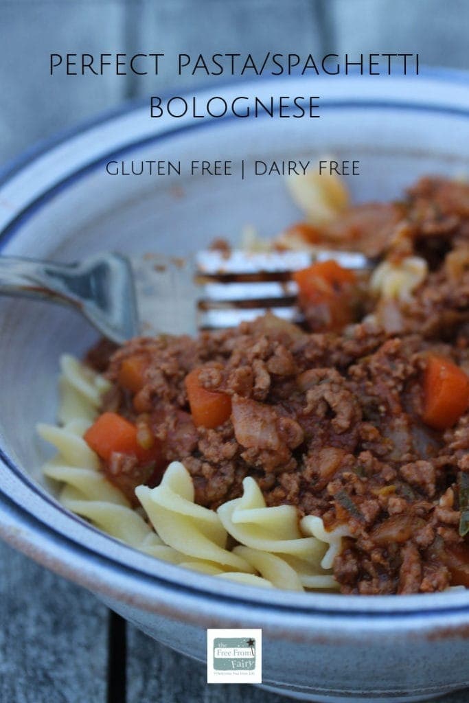 The perfect pasta or spaghetti bolognese. The sauce is naturally gluten free and can be served with gluten free spaghetti or pasta. I prefer pasta for the kids. Far less mess! My bolognese sauce has a couple of surprises in it which make it both cheaper and more delicious than normal recipes. #glutenfreemeals #glutenfreeinspiration #glutenfreepasta #glutenfreespaghettibolognese #coeliac #freefromfairy