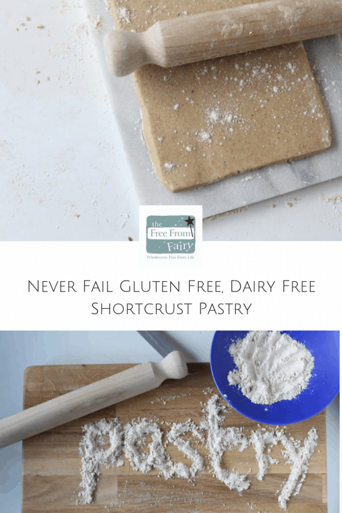 Pinterest graphic showing the pastry rolled out and flour spelling the word pastry on a wooden board with the recipe title in text across the centre. 