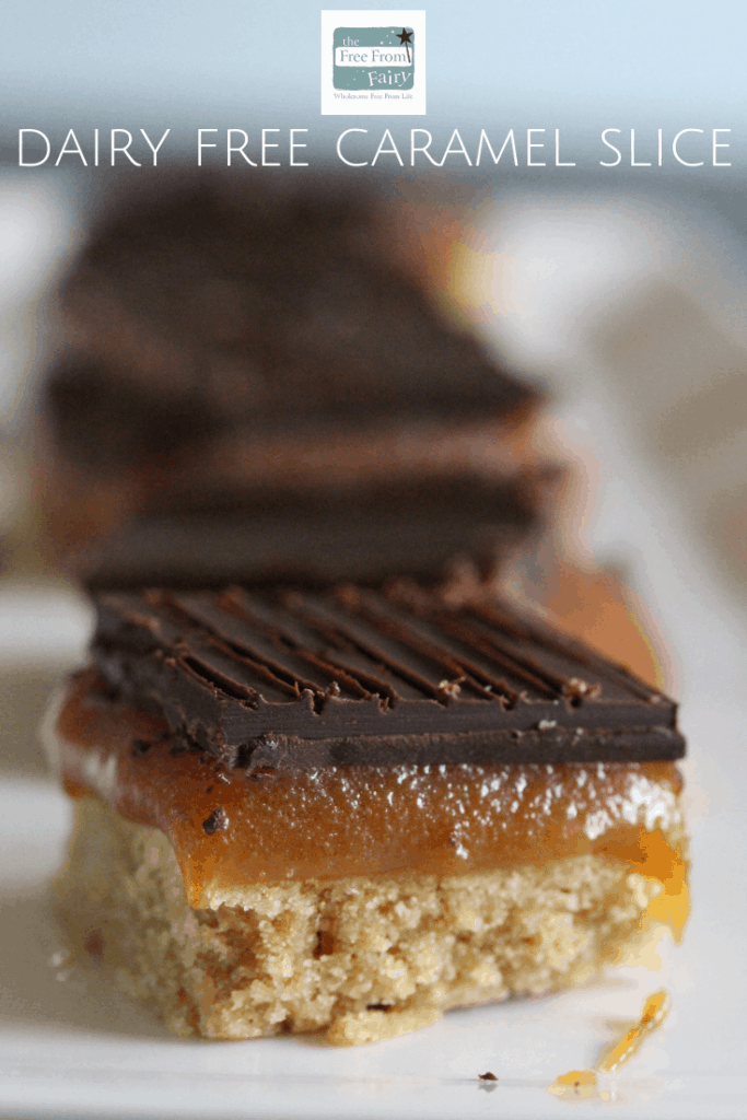 Dairy free caramel slice. A simple recipe from the Free From Fairy. Suitable for those on the gluten free diet and vegan diet. #glutenfree #dairyfree #vegan #vegancaramelslice #dairyfreecaramelslice #glutenfreecaramelslice