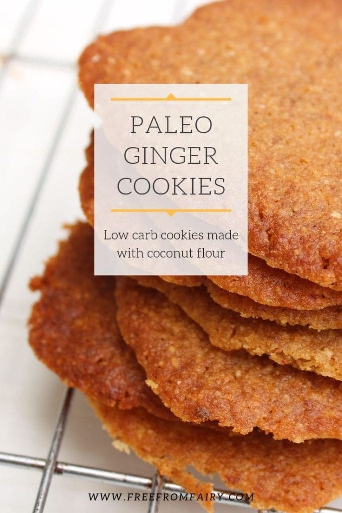 Simple paleo ginger cookies made with coconut flour. These grain free, gluten free, refined sugar free cookies are very simple to make. #freefromfairy #lowcarbcookie #glutenfreecookie #paleocookie #gingercookie #gingerbiscuit #coconutflourcookie