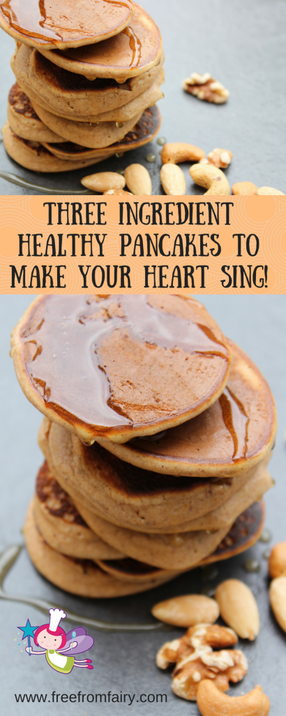 Flourless banana pancakes; a simple, healthy 3-ingredient pancake recipe that's suitable for those on a gluten free, dairy free, paleo, SCD, GAPS, low carb or sugar free diet. #freefromfairy #pancakes #healthypancakes #bananapancakes #glutenfreepancakes