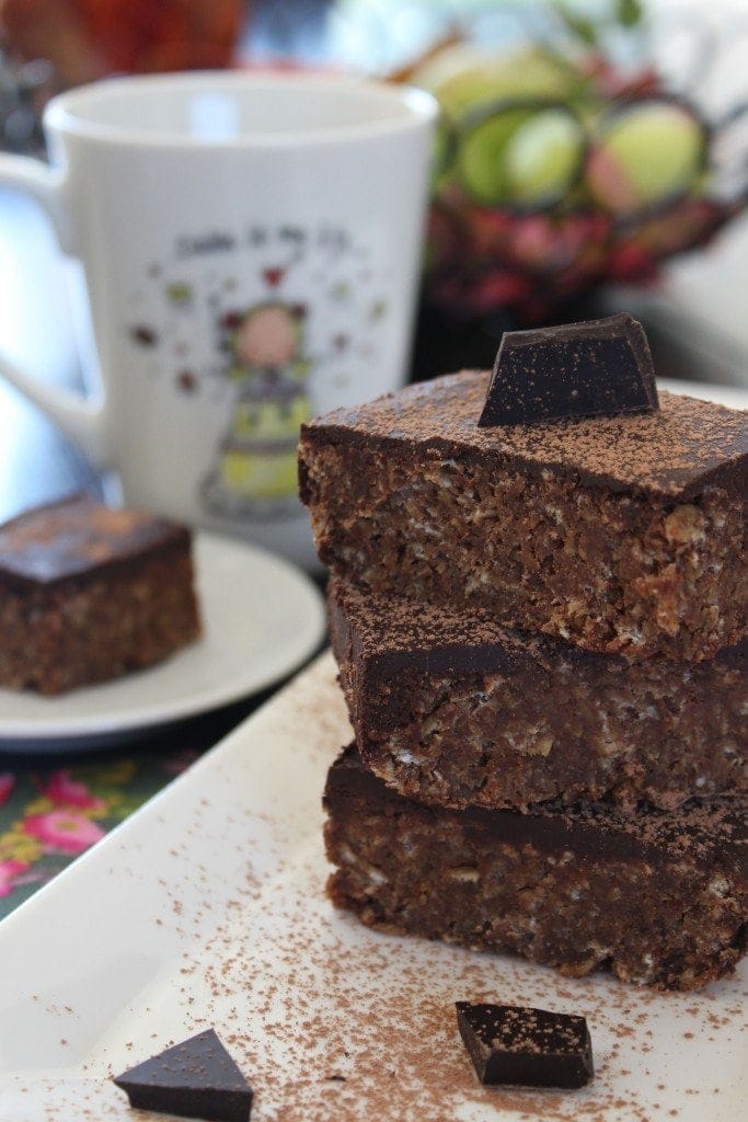 Chewy chocolate flapjacks. Simple refined sugar free recipe.