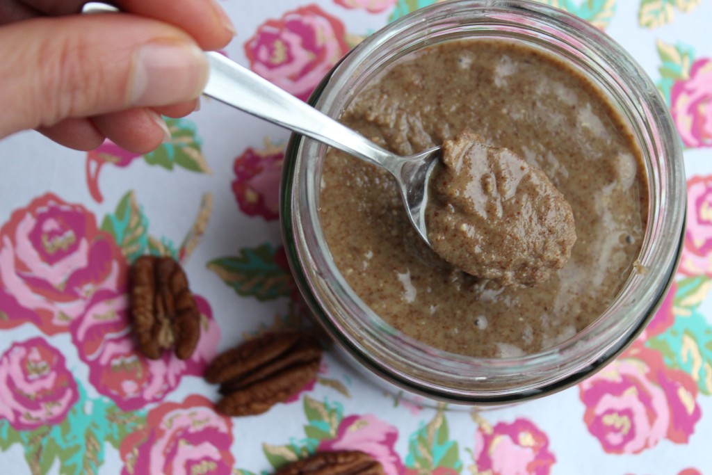 Pecan butter in a jar - top down view