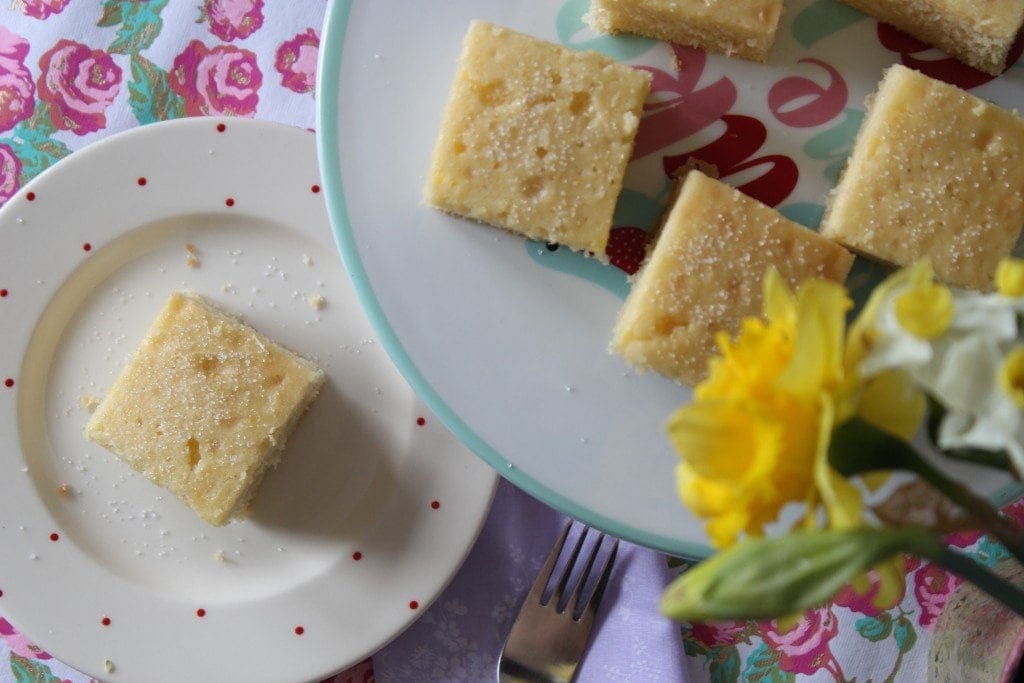 Top view of gluten free lemon drizzle cake