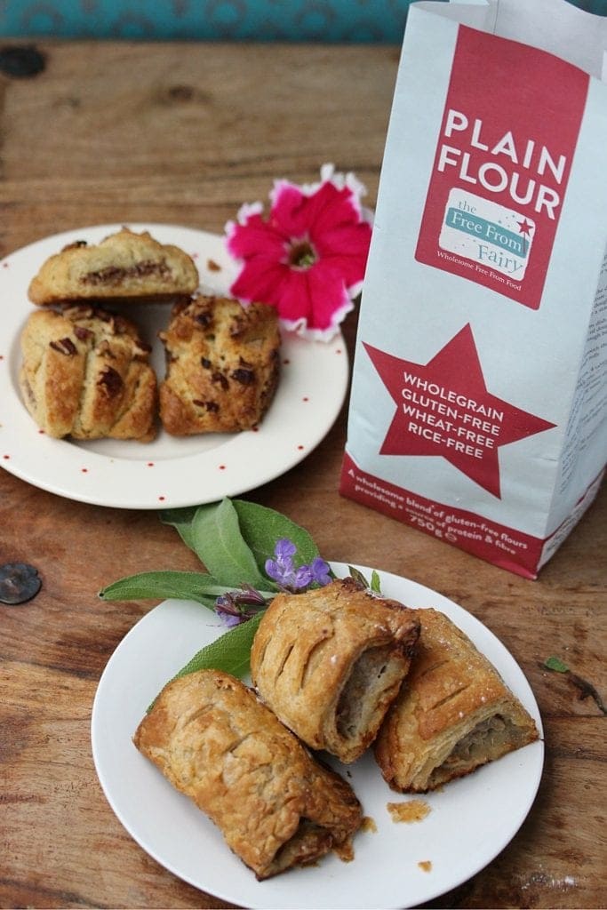 Sausage roll and Danish pastries made with the Free From Fairy rice free wholegrain gluten free flour blend