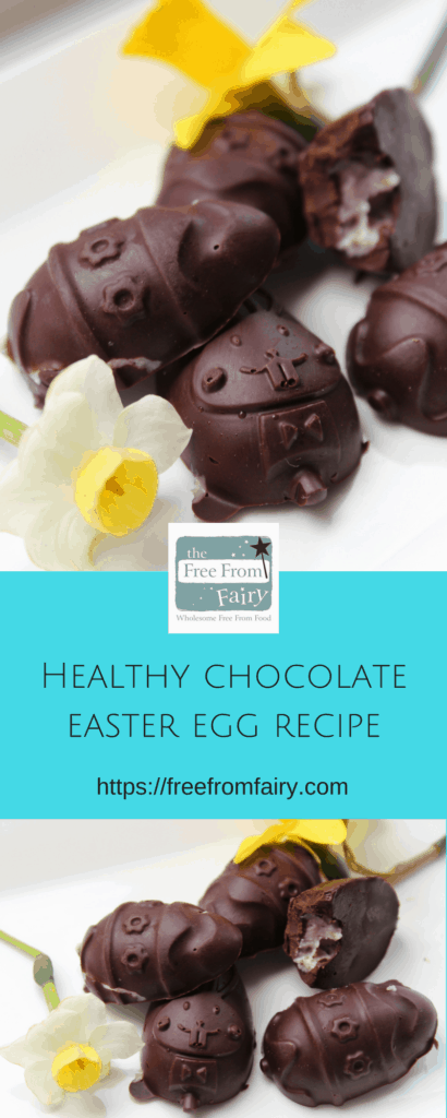 Make this healthy chocolate into healthy Easter treats: #dairyfree and #sugarfree chocolate eggs filled with strawberry fondant. Perfect for anyone on a medical restricted diet or who is #vegan. freefromfairy.com