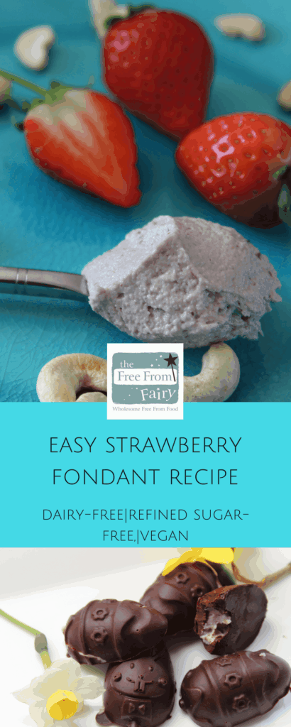 Easy strawberry cashew cream (fondant) recipe. It's delicious filled in homemade healthy chocolate for healthy Easter treats. #glutenfree #dairyfree #eggfree #soyafree #refinedsugarfree. https://freefromfairy.com