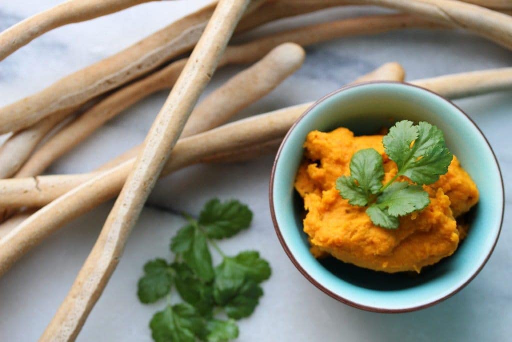 roast carrot and cumin dip with breadsticks. A freefrom recipe