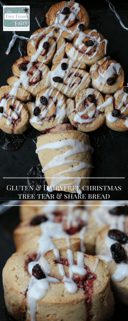 Simple gluten-free, dairy-free Christmas tree tear and share bread recipe using the Free From Fairy wholegrain plain flour blend