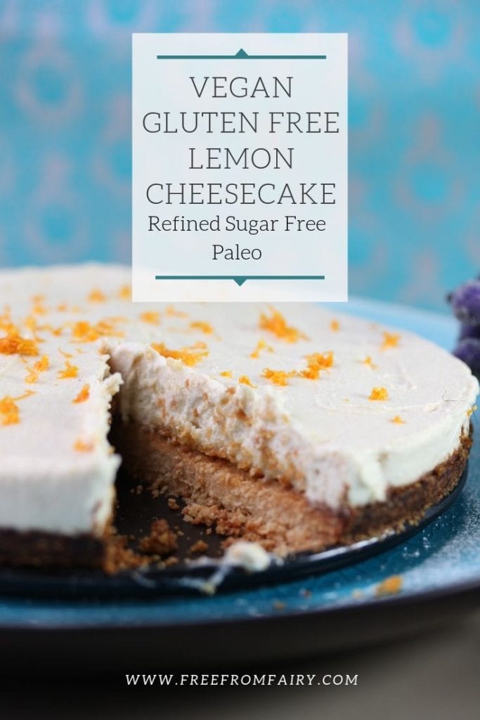 Easy, delicious vegan lemon cheesecake that's also gluten free, grain free and suitable for those on a low carb, refined sugar free, paleo, GAPS or SCD diet. #lemoncheesecake #paleolemoncheesecake #paleocheesecake #glutenfreecheesecake #vegancheesecake #GAPSrecipes