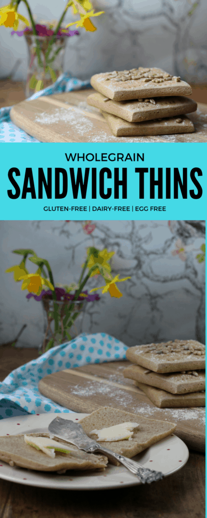 Simple recipe for gluten free, dairy-free, egg-free sandwich thins made with wholegrain gluten and rice free flour from the Free From Fairy