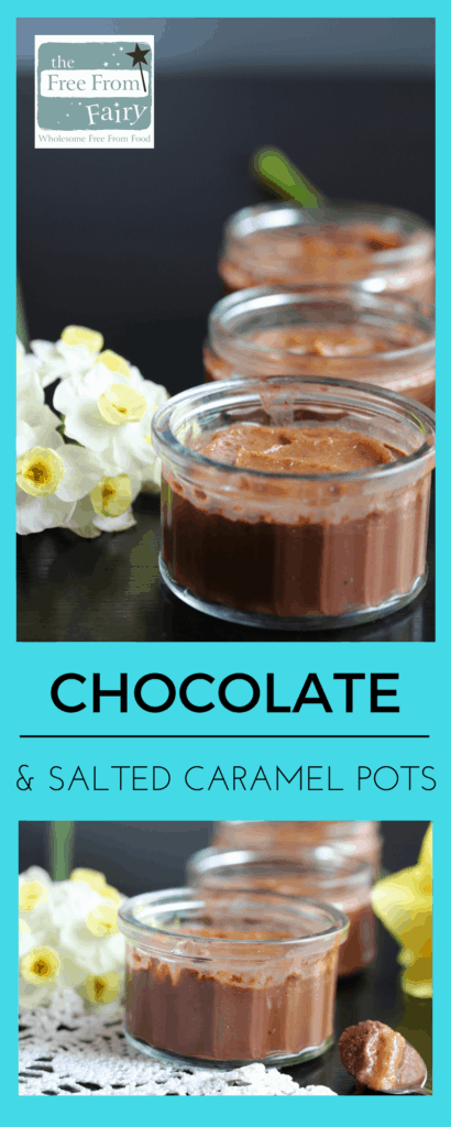 Simple vegan salted caramel & chocolate pots. These are #glutenfree, #dairyfree, #eggfree, #nutfree, #vegan and #lowsugar.