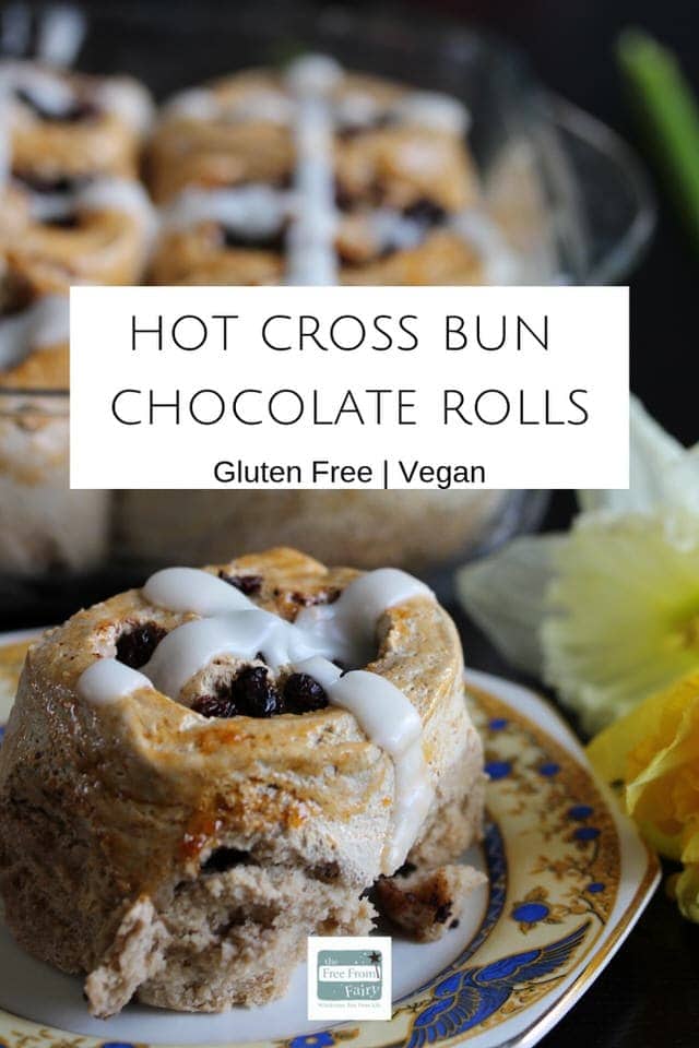 Make these gluten free vegan hot cross bun chocolate rolls and never look back. The whole family will love them. They are #glutenfree #dairyfree #eggfree. #hotcrossbuns #glutenfreehotcrossbuns #easterrecipes #veganeaster