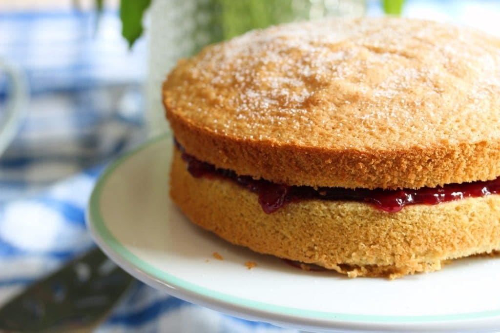 A two layered Victoria sandwich cake which takes up the right hand two thirds of the landscape frame. Ruby red jam edges out of the middle and the top is dusted with sugar. 