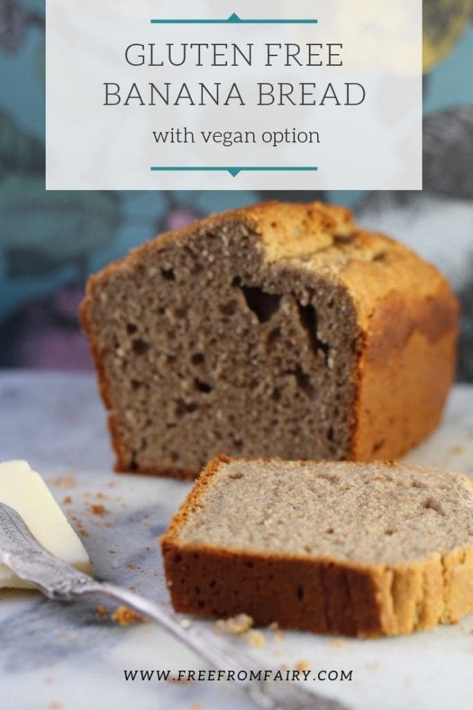 Make gluten free dairy free banana bread. This simple recipe has a vegan option. It uses the Free From Fairy's wholegrain gluten free flour blend for a perfect result. #freefromfairy #glutenfree #glutenfreebananabread #veganbananabread #glutenfreeveganrecipes