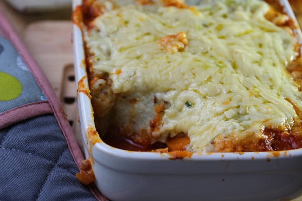 Delicious Autumnal Shepherd's Pie topped with cauliflower mash