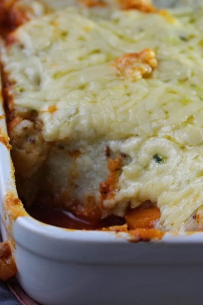 Delicious Autumnal Shepherd's Pie topped with cauliflower mash