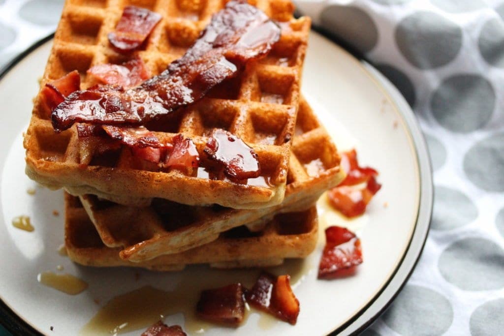 Gluten-free Belgian waffles. A thing of luxury and easy to make with the Free From Fairy's wholegrain gluten-free self raising flour blend. Top with crispy bacon and maple syrup for the ultimate breakfast.