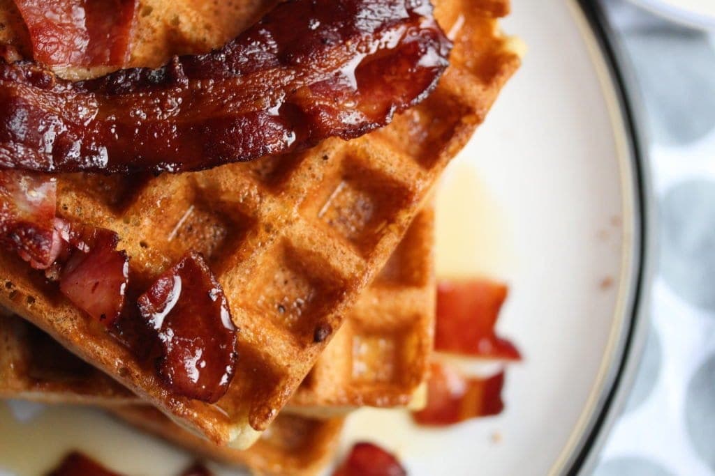 Make delicious gluten-free Belgian waffles with bacon and maple syrup using the Free From Fairy's wholegrain gluten-free flour blends.