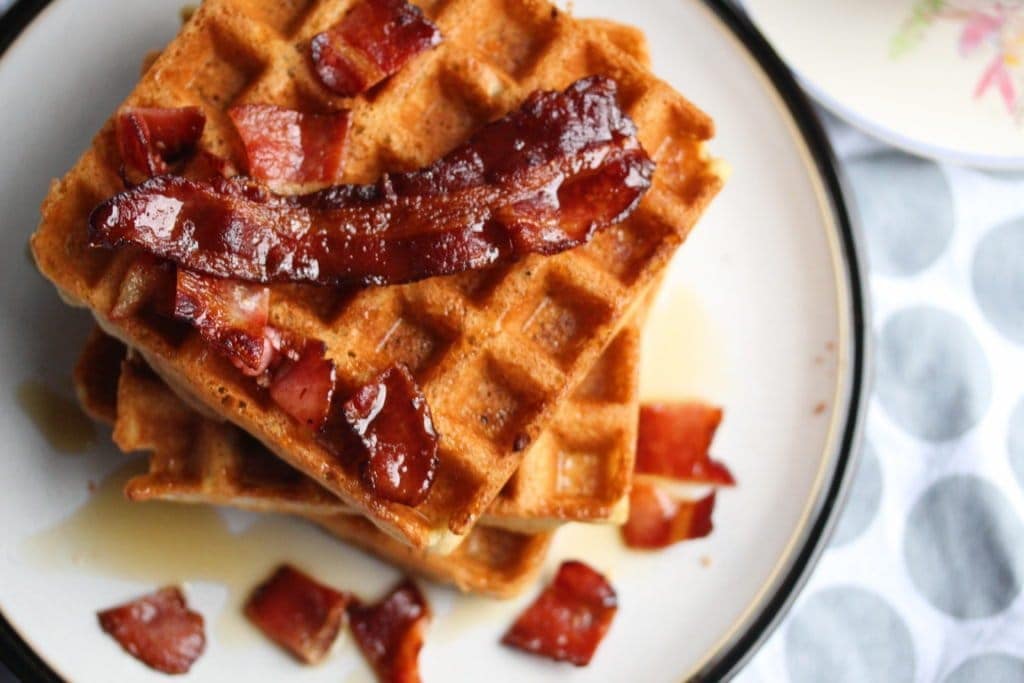 Luxurious gluten-free Belgian waffles with crispy bacon and maple syrup. These are made with the Free From Fairy's wholegrain gluten-free (and rice-free) flour blends.