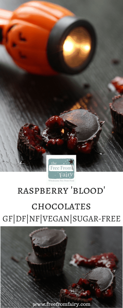 Make your own halloween chocolate with homemade dark chocolate filled with raspberry sauce. A simple recipe from the Free From Fairy that's gluten-free, dairy-free, egg-free, nut-free, soya-free and refined sugar-free. Suitable for vegans too.