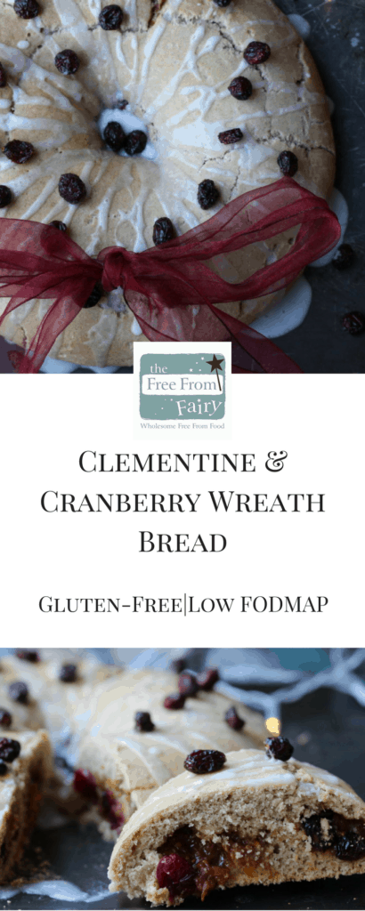 #Glutenfree (can be #dairyfree too) clementine and cranberry wreath bread. This #lowFODMAP recipe is delicious for everyone at #Christmas.