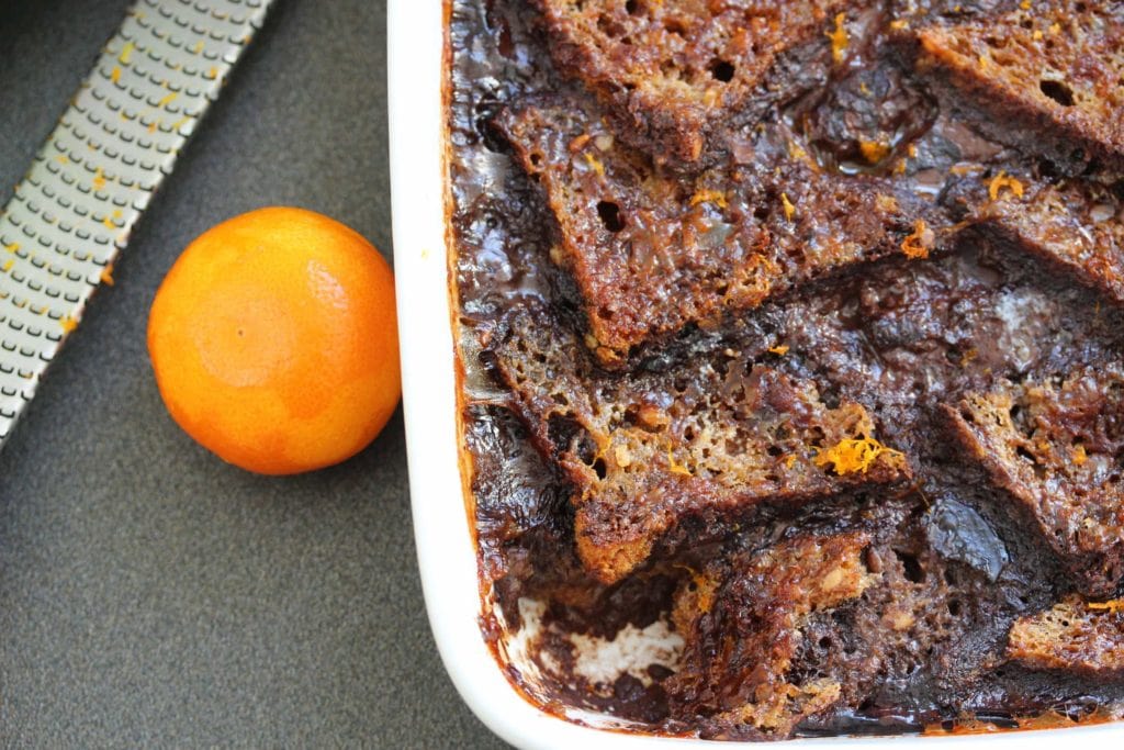 Chocolate orange gluten free bread and butter pudding. A delicious pudding made from #lowfodmap Schar bread. #lowsugar #lowfodmap #glutenfree