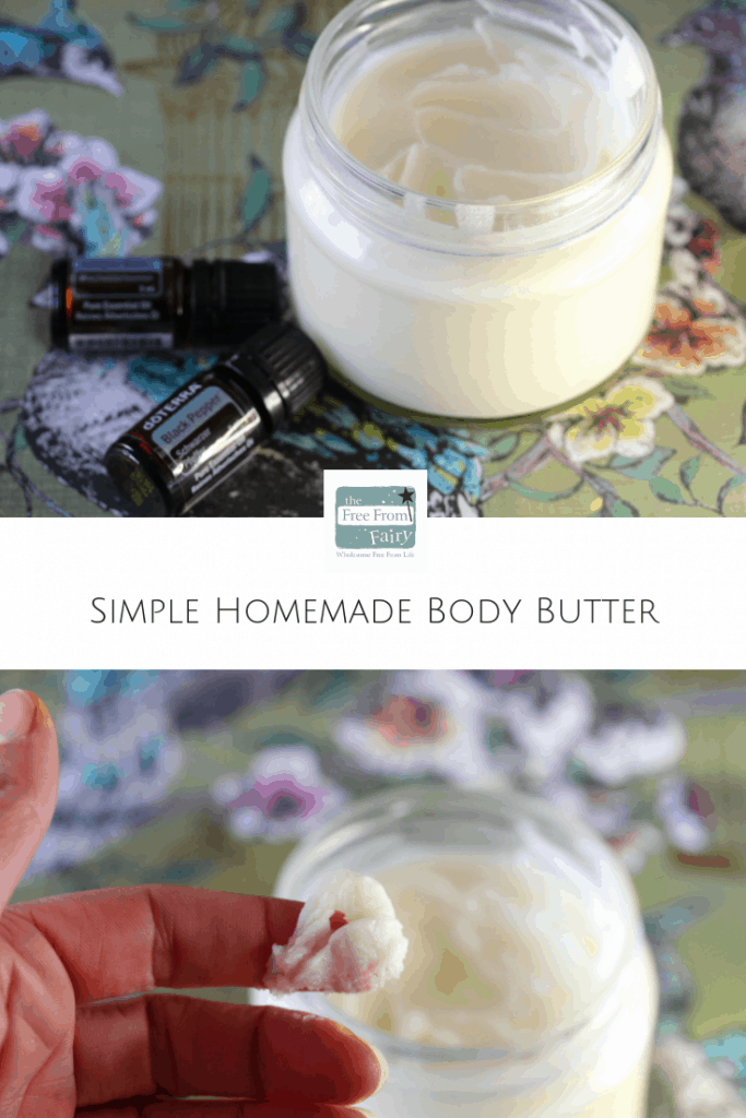 Simple homemade body butter recipe. Made with 3 ingredients. #bodybutter #skincare #organic #freefromfairy