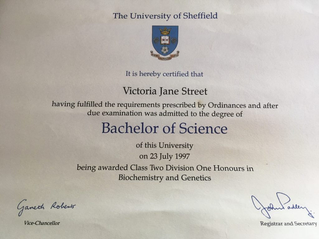 Vicki Montague's degree certificate in Biochemistry and Genetics