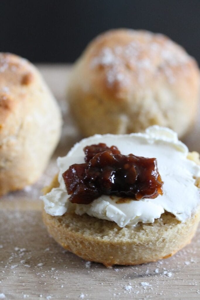 My favourite way to serve the scones; with cream cheese and pickle