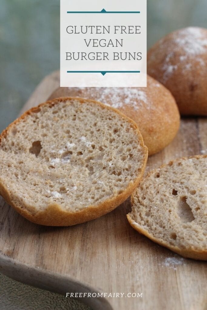 Learn how to make gluten free burger buns that are suitable for those on a vegan diet too. These buns or sandwich rolls are soft, pliable and don't fall apart. #freefromfairy #glutenfreesandwichrolls #glutenfreeburgerbuns #glutenfreebread