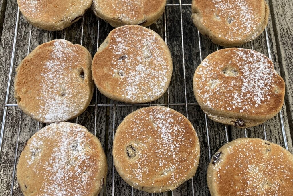 Gluten free welsh cakes on a cooking rack taken from above