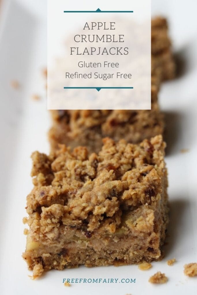 Delicious apple crumble flapjack recipe that can be made gluten free, dairy free, and vegan. They are made with no refined sugars, being sweetened with dates and a little honey. #healthyflapjack #glutenfreeflapjack #appleflapjack #freefromfairy