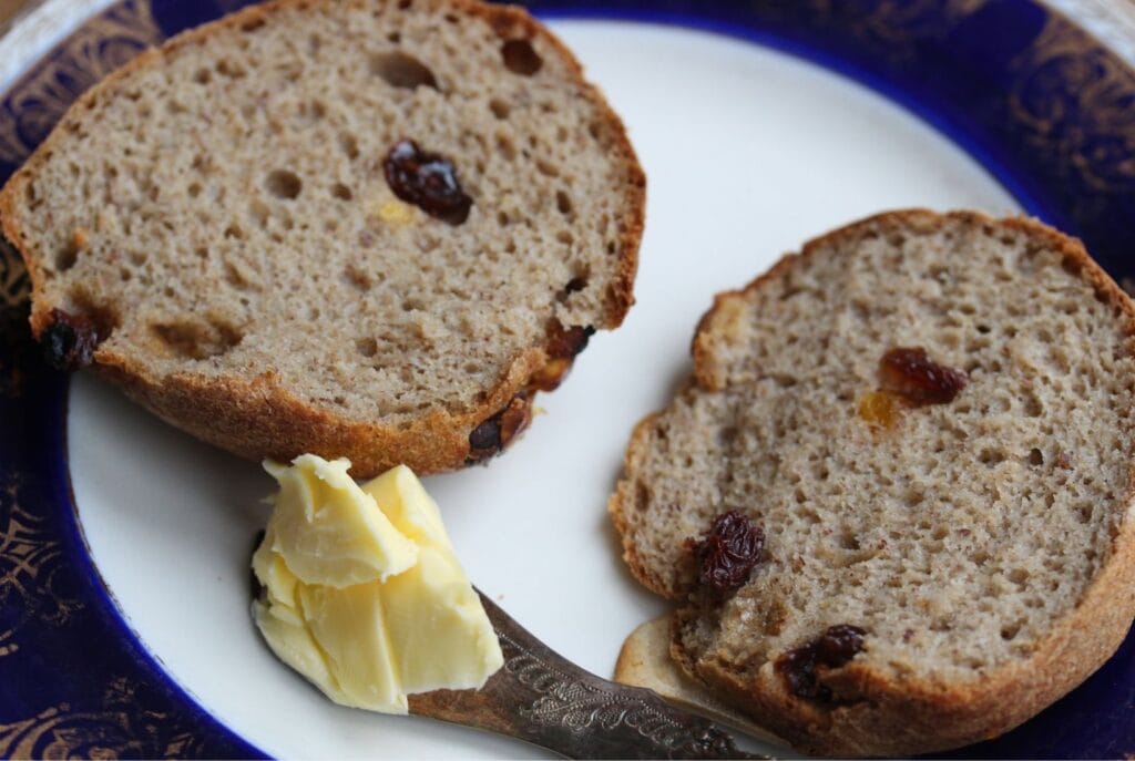 The inside of a gluten free hot cross bun