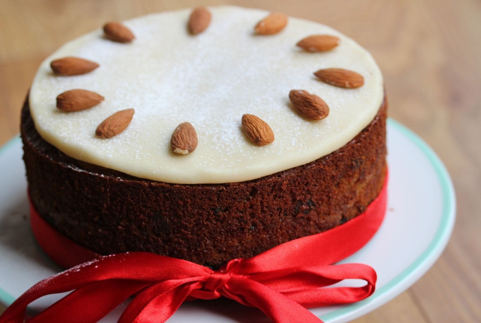 Gluten free simnel cake on a cake stand