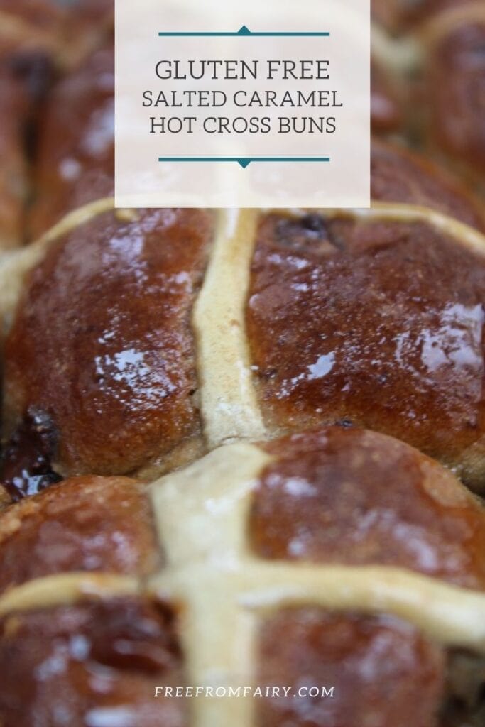 Gluten free salted caramel hot cross buns. A simple recipe that is suitable for those with coeliac disease, following a gluten free diet or a vegan diet. #glutenfreeEaster #glutenfreehotcrossbuns